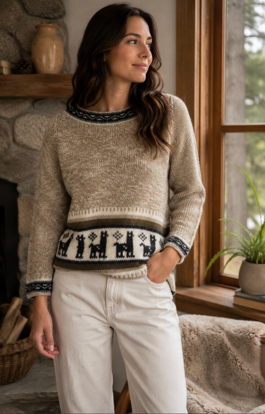 Alpaca Women's Wool Knitted Oatmeal Llama Print Fair Isle Sweater Sz Small